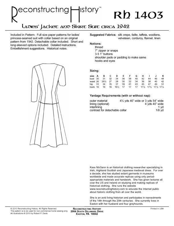 RH1403 — 1942 Ladies' Suit sewing pattern – Reconstructing History