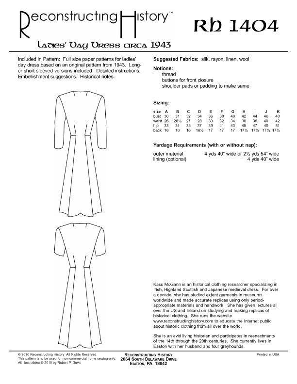 RH1404  1943 Ladies' Day Dress sewing pattern  Reconstructing History