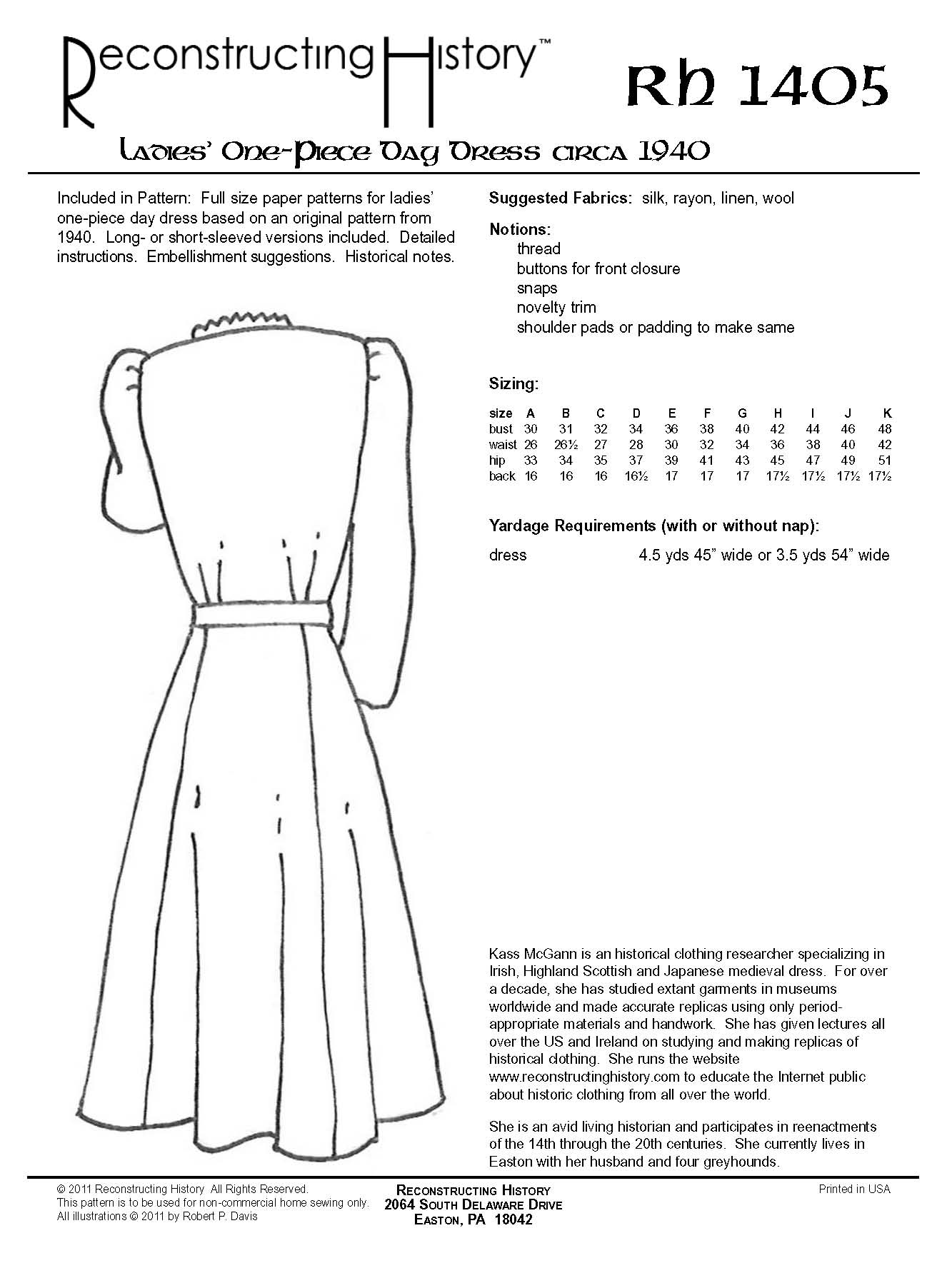 RH1405 1940 Ladies' One-Piece Dress sewing pattern Reconstructing History RH1405 1940 Ladies' One-Piece Dress sewing pattern Reconstructing History