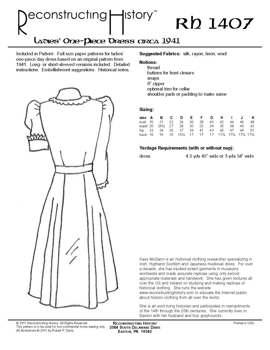 RH1407 — 1941 Ladies' One-Piece Dress sewing pattern – Reconstructing  History