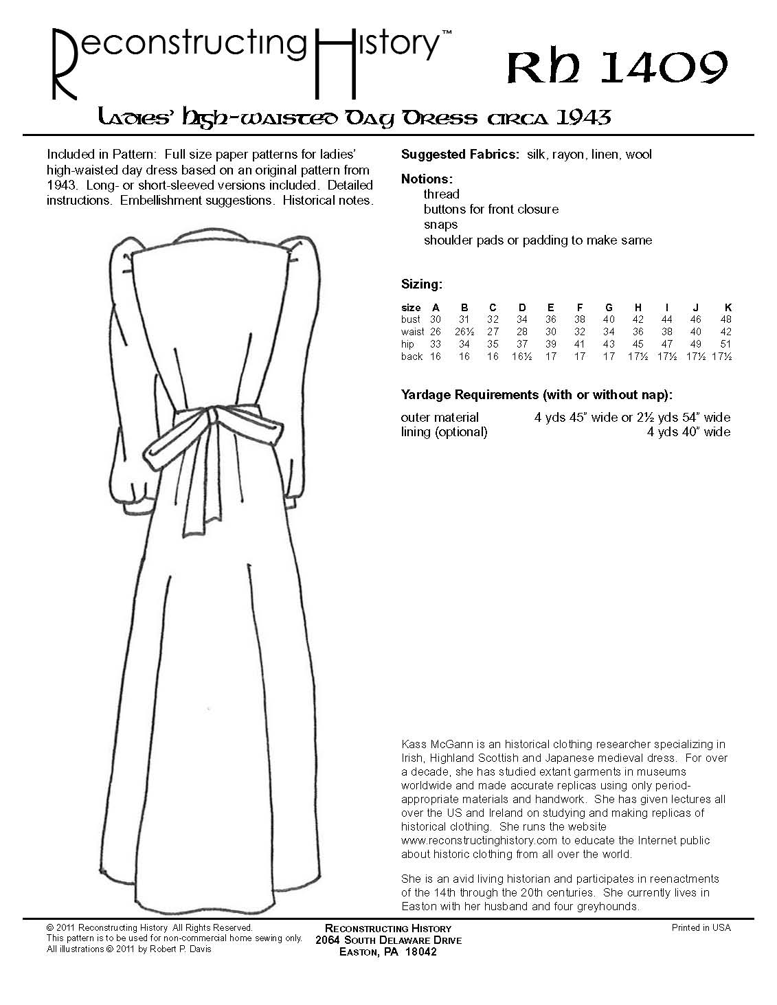 RH1409 — 1943 Ladies' High-Waisted Dress sewing pattern ...