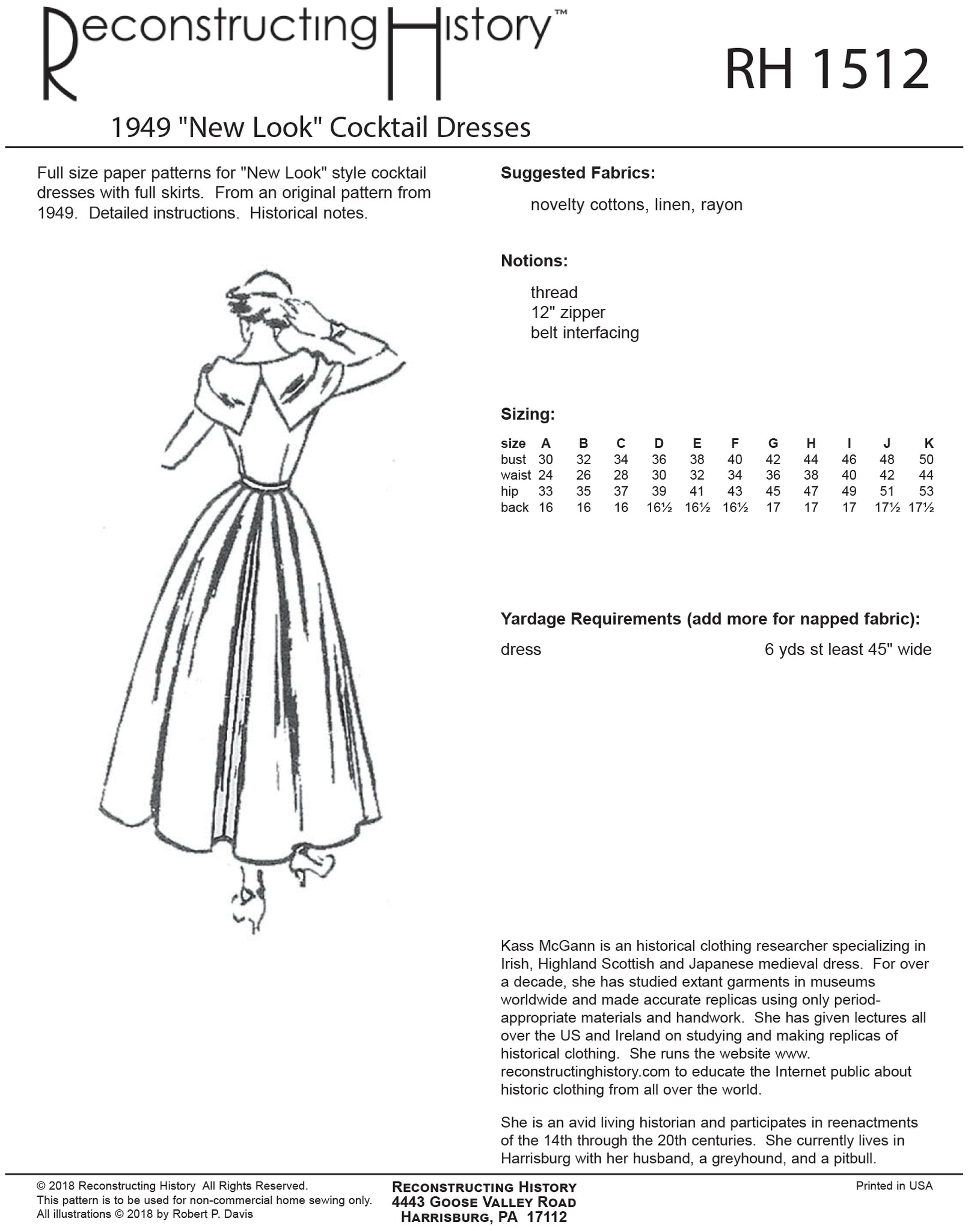 cocktail dress sewing patterns RH1512 — 1949 "New Look" Cocktail Dresses sewing pattern – Reconstructing History