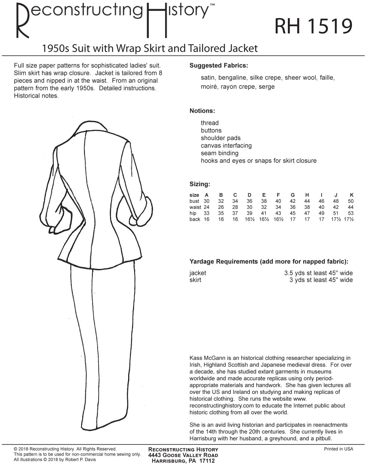 RH1519 1950s Ladies' Suit with Wrapped Skirt and Tailored Jacket sewing pattern RH1519 1950s Ladies' Suit with Wrapped Skirt and Tailored Jacket sewing pattern