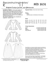 Load image into Gallery viewer, Back cover of our sewing pattern RH201, English Jacket &amp; Petticote, which makes a late 16th / early 17th century women&#39;s outfit
