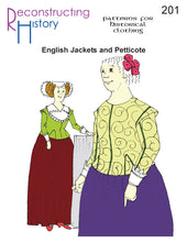 Load image into Gallery viewer, Front cover of our sewing pattern RH201, English Jacket &amp; Petticote, which makes a late 16th / early 17th century women&#39;s outfit
