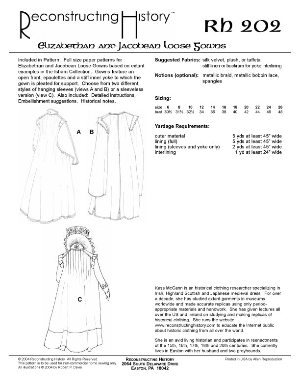 RH202 Loose Gowns sewing pattern Reconstructing History RH202 Loose Gowns sewing pattern Reconstructing History