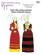 Load image into Gallery viewer, Front cover for our sewing pattern that makes a 16th century German or Landsknecht dress: RH501 Saxon or Cranach Gown
