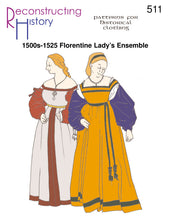 Load image into Gallery viewer, Front cover for our sewing pattern RH511, which helps you make a 1500-1525 Florentine (Italian) Lady&#39;s outfit

