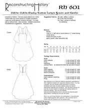 Load image into Gallery viewer, Back cover for our sewing pattern RH601, which helps you make a Tudor lady&#39;s gown as worn by Princess Elizabeth in the early 16th century
