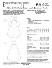Load image into Gallery viewer, Back cover for our sewing pattern RH601, which helps you make a Tudor lady&#39;s gown as worn by Princess Elizabeth in the early 16th century IN YOUR MEASUREMENTS

