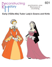 Load image into Gallery viewer, Front cover for our sewing pattern RH601, which helps you make a Tudor lady&#39;s gown as worn by Princess Elizabeth in the early 16th century
