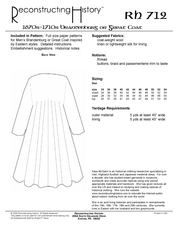 RH712 — Men's Brandenburg or Great Coat sewing pattern – Reconstructing ...