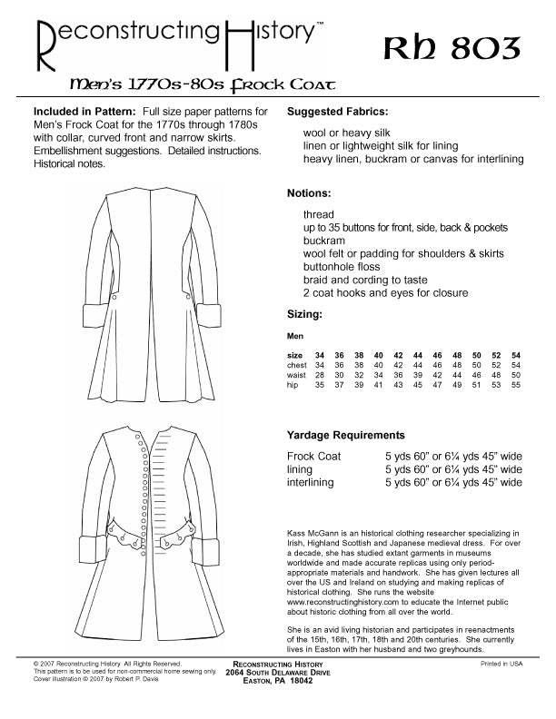 RH803 — Colonial Frock Coat sewing pattern – Reconstructing History