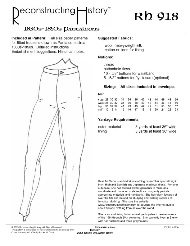 Pantaloons Patterns RH918 — 1830s-50s Pantaloons sewing pattern – Reconstructing History