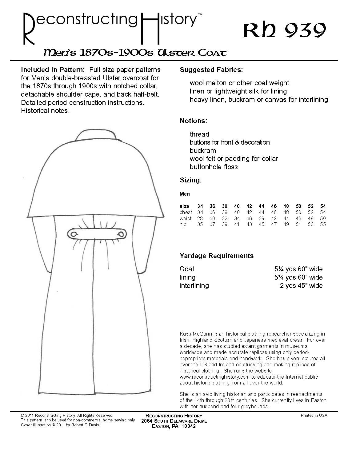 RH939 — Gentleman's Victorian Ulster Top Coat sewing pattern