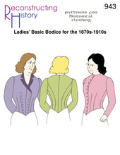 Load image into Gallery viewer, Front cover for our sewing pattern RH943, which helps you make a versatile Victorian ladies&#39; basic bodice

