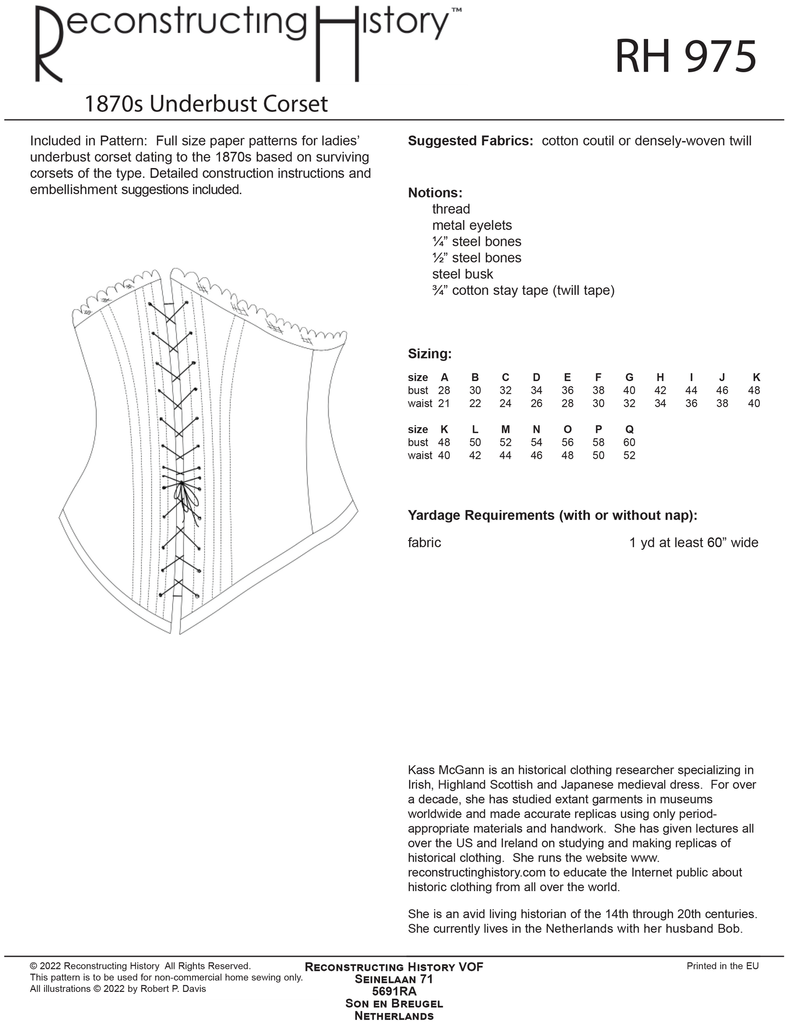 RH975 — Ladies' 1890s Underbust Corset sewing pattern