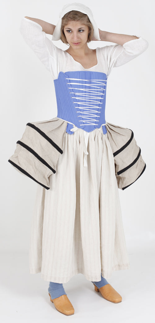 A model shows the Georgian panniers (hoop pockets), shift, and petticoat made with our sewing pattern RH832 18th century women's underpinnings