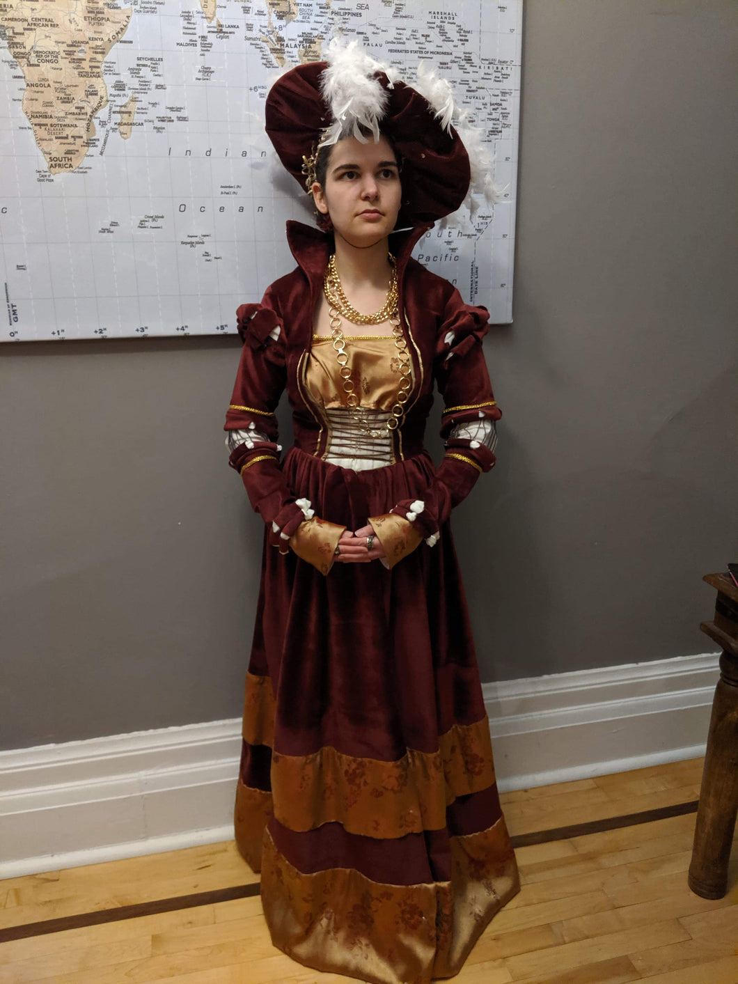 A model shows the 16th century German or Landsknecht dress made with our sewing pattern RH501, Saxon or Cranach Gown
