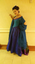 Load image into Gallery viewer, Kass models her Victorian Peacock dress, made with our sewing pattern RH943, ladies&#39; basic bodice AVAILABLE IN YOUR CUSTOM MEASUREMENTS
